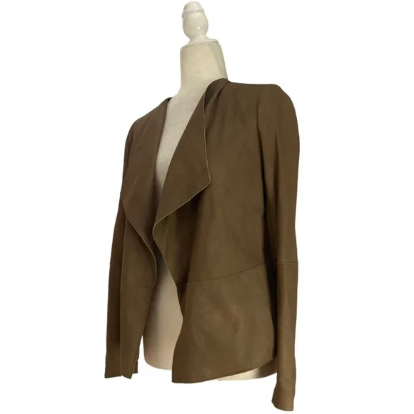 Vince Leather Jacket Draped Collar Open Front in Cocoa Brown - Picture 6 of 11